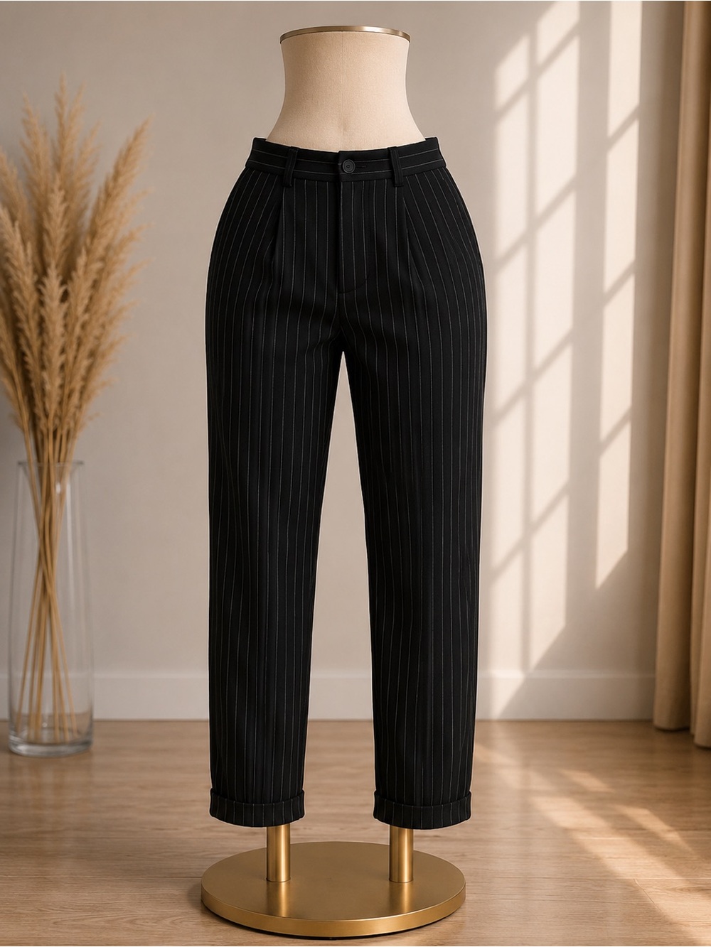 Black Pinstripe Tailored Cropped Trousers